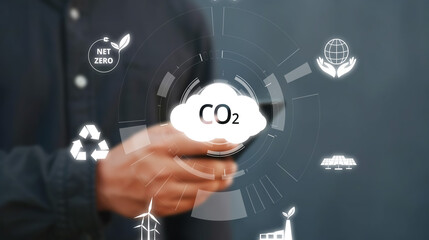 Business person implements initiatives to reduce CO2 emissions, aiming for net zero. Showcases...