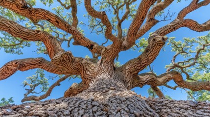  A vast tree with numerous leaves adorning its trunk and branches ascending towards the blue sky