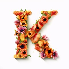 Letter K made of flowers isolated on white background. Floral alphabet. Vector illustration.
