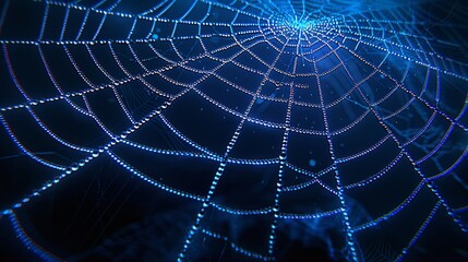 Naklejka na ściany i meble A tight shot of a spider web with a central blue light aglow