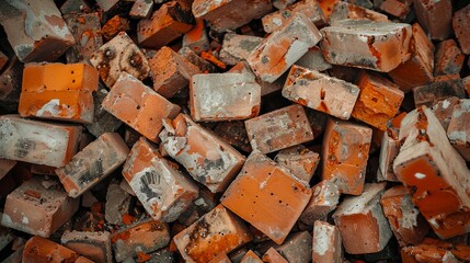 A pile of bricks with some broken pieces.