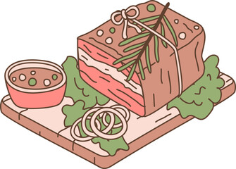 Sauerbraten Marinated Roast Beef. Colorful kawaii hand drawn vector illustration of German cuisine
