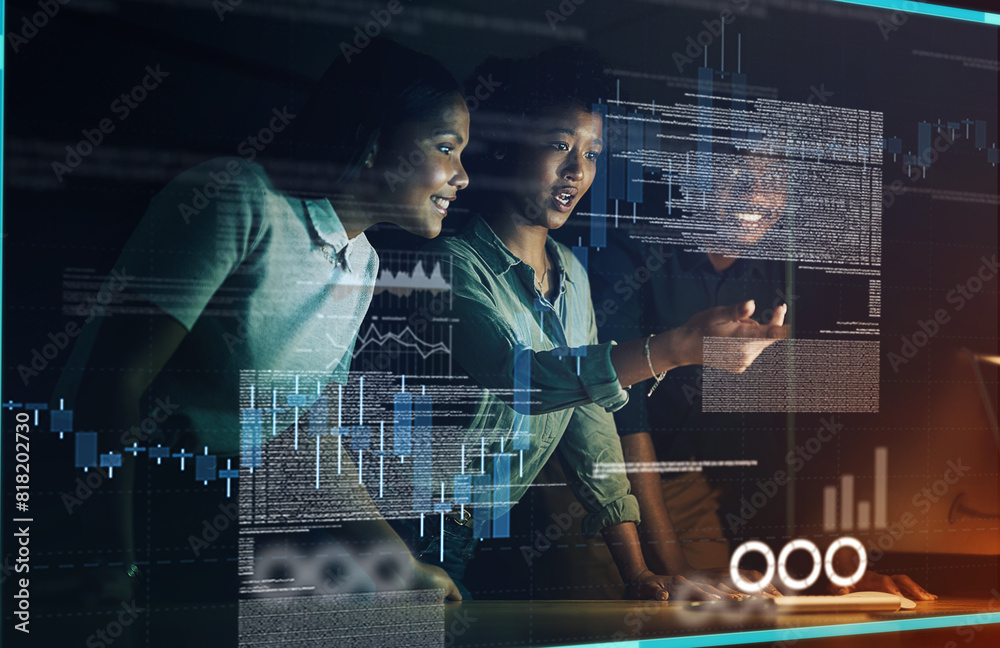 Fototapete Business people, teamwork and data overlay with statistics analytics or hologram, future or growth. Colleagues, strategy and charts or problem solving solution with brainstorming, graphs or metrics