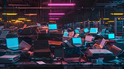 Global EWaste Problem Visualized An Abandoned Warehouse Overwhelmed by Obsolete Electronic Devices