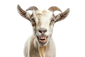 A goat grinning with its teeth showing, isolated on a white background