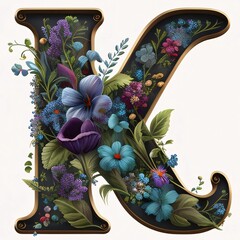 Letter K of the alphabet decorated with flowers and leaves in vintage style.
