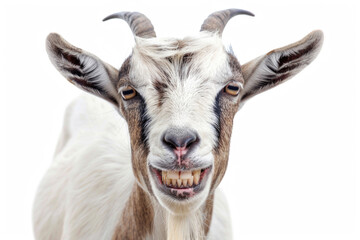 A goat grinning with its teeth showing, isolated on a white background