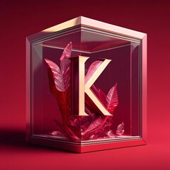 Letter K in a glass box on a red background. 3d render