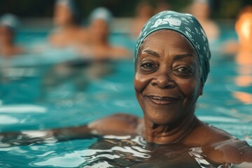  a happy 60 year old black woman exercising in a pool wearing a pool cap. Behind her there are more women