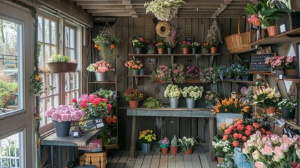 A flower shop showcasing a wide variety of colorful flowers in full bloom, lining the shelves and creating a vibrant and lively atmosphere.