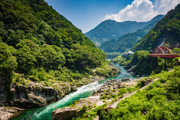 Scenic green Yoshino River at Oboke Gorge in Japan