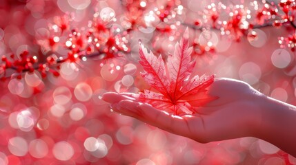  A hand holds a red leaf against a blurred backdrop of red and pink leaves in the foreground