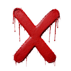 A bold red X character mark dripping blood over a white backdrop, embodying a raw visceral energy with dripping thick strokes dripping. Intense emotion or warning.

