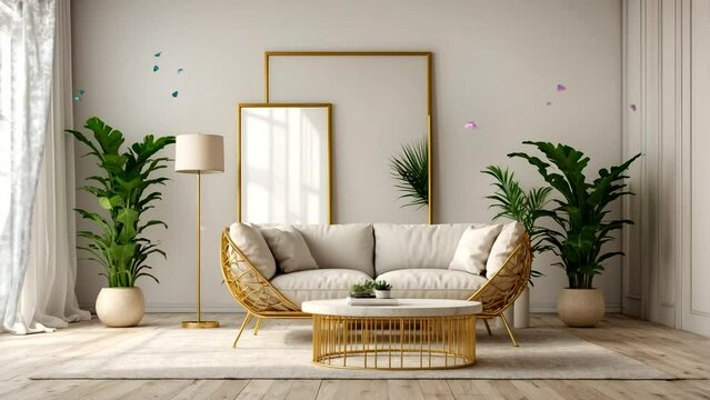 illustration of empty frame with white wall sofa chair