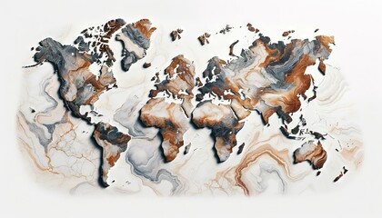 A full-frame, 16_9 landscape ratio world map in authentic marble style with true colors. The entire image showcases realistic marble textures