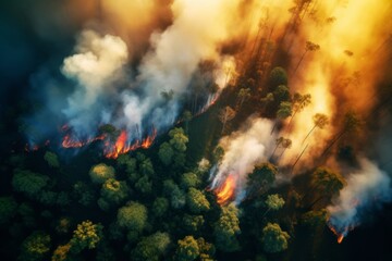 Fototapeta premium a lush forest burning seen from a drone . Wide view.