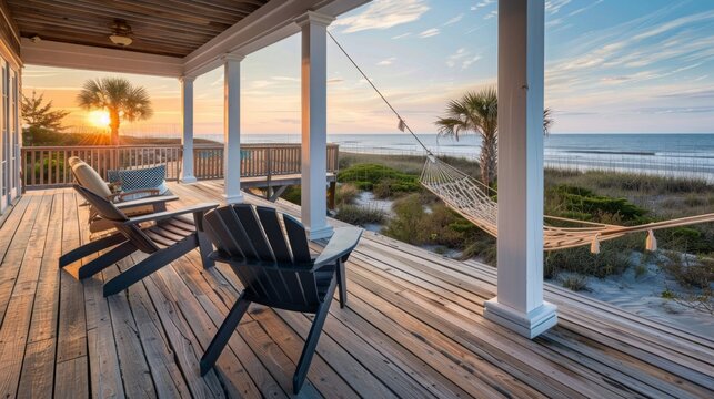 A porch set with chairs and a hammock overlooks the vast ocean, providing a relaxing spot to enjoy the view and unwind.