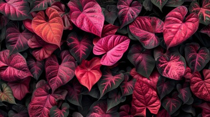  A red and green leafed plant, with its center occupied by a dense cluster of similar leaves against a black background - Powered by Adobe