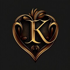 Luxury golden letter K in the shape of a heart.