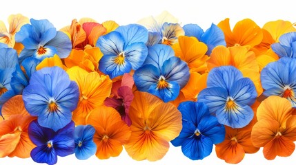  A tight shot of an array of flowers, featuring shades of blue, yellow, orange, and red blooms prominently against a pristine white backdrop