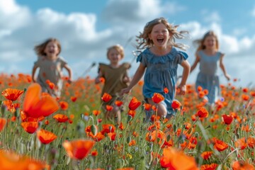  4 happy 7 year old children running through a field full of poppies in early spring on a blue sky morning