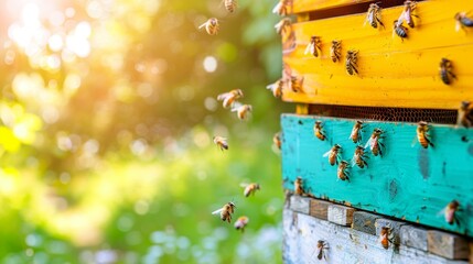 A swarm of bees hovering around a beehive against a sunlit backdrop of leafy trees Sun rays filtering through tree canopies - Powered by Adobe
