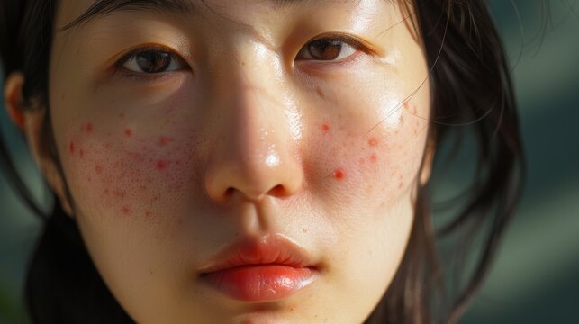 Korean woman, 30 years old. Red spots, pimples on the skin of the face.