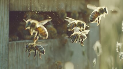  A group of bees flying nearby, over grass and a building with many bees on its backdrop