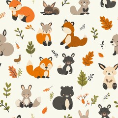 Fototapeta premium Seamless A collection of cartoon animals, including bears, foxes, and rabbits