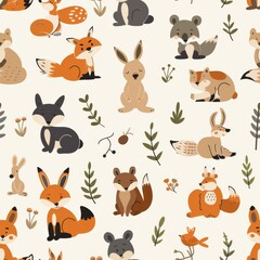 Fototapeta premium Seamless A collection of animals, including rabbits, foxes, and bears