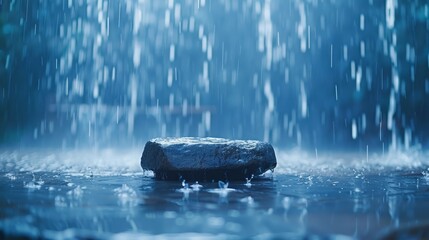  A rock submerged in a pool amidst a rainstorm, surrounded by droplets on the water surface and ground