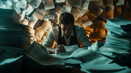 An accountant reviewing a large stack of invoices and receipts, emphasizing the volume of work and attention to detail required. Dynamic and dramatic composition, with copy space