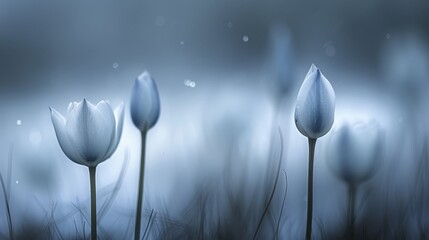  A cluster of white flowers sits atop a grassy field, raindrops adorning their petals - Powered by Adobe