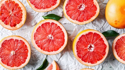  A collection of grapefruits atop a sheet of paper One grapefruit sits beside, while another rests...