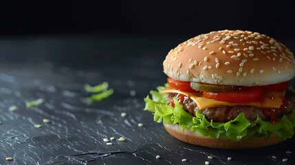 Photo of a burger on dark slate background,