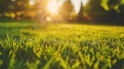  A field of green grass with the sun shining through tree leaves in the background Grass in the foreground