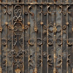 Seamless A rusted iron gate with intricate designs and patterns