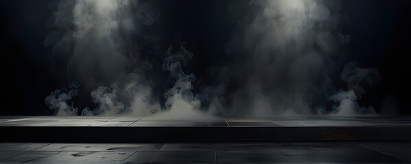 Interior concept abstrakt dark room flooring, white smoke and wooden floor