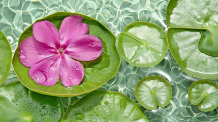  A pink flower floats in a bowl of water, surrounded by lily pads and green leaves The water's surface is dotted with ripples