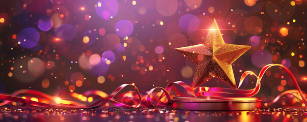 Star gold light frame with spotlight effect decorations and bokeh on dark scene. Black luxury background. Award ceremony stage.