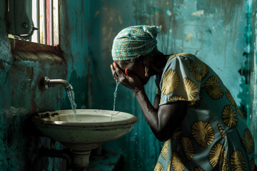 An elderly African woman washes her face at the sink, ready to start her day