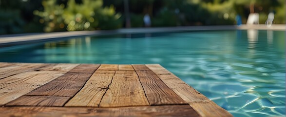 Creative mock, empty wooden table in front of a swimming pool