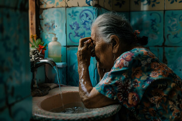 An elderly woman from Eastern Europe washes her face in her modest bathroom in the morning