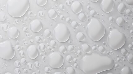  A tight shot of water droplets on a white background, reflecting their lighter images in the surface below Water drops on surface above