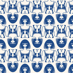 Stylized seamless pattern with girls' faces in sunglasses.