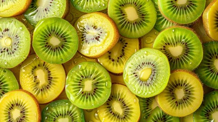  A pile of kiwi pieces with some sitting atop others, arranged next to each other