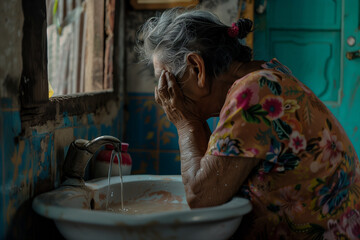 an elderly woman from Eastern Europe, just awake, washes her face in the sink of her humble bathroom, getting ready to start her day