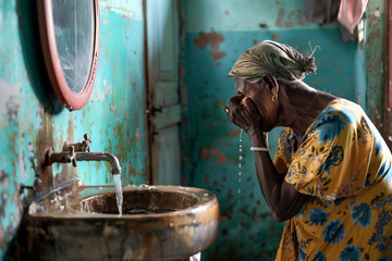 Elderly African woman freshens up at the sink to start her daily routine