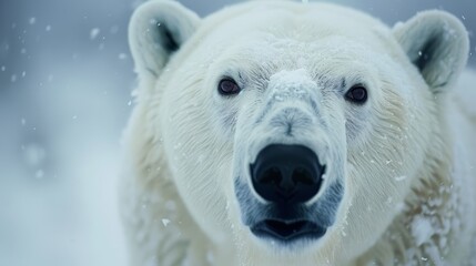  A tight shot of a polar bear's face, adorned with snowflakes clinging to its fur Eyes wide and unblinking, gazing directly into the lens