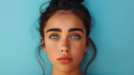  A young woman with freckles scattering her face and cheeks gazes intently into the camera, her captivating blue eyes framed by more freckles